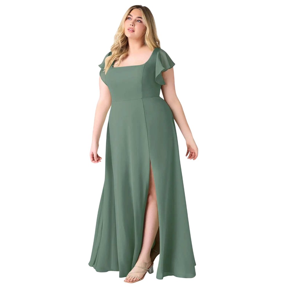 Azazie Bondie A-Line Ruffle Sleeve Chiffon Dress Eucalyptus 14